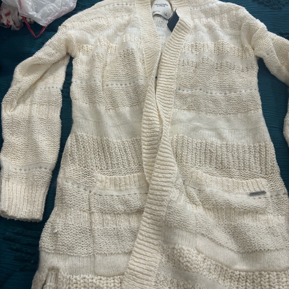 Abercrombie & Fitch Cream Open-Front Knit Cardigan
